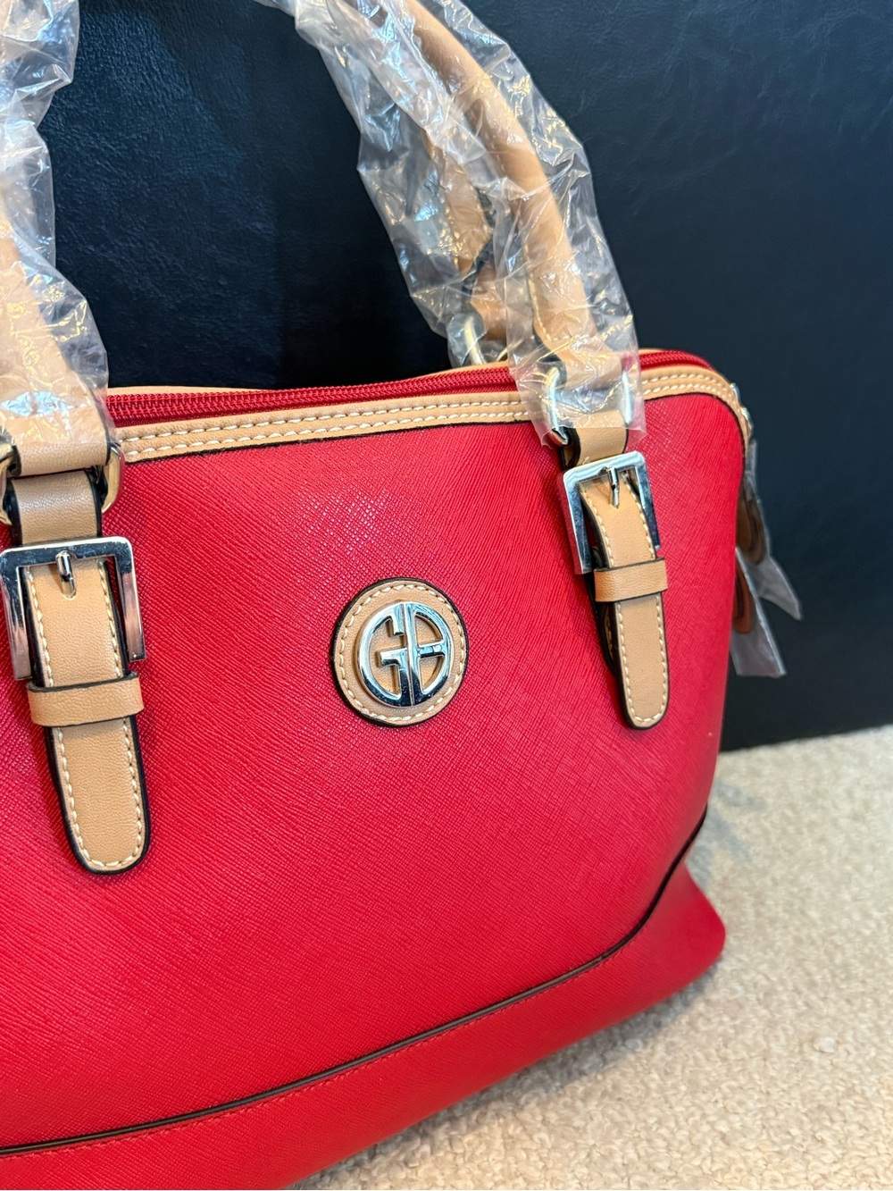 Red Shoulder Satchel with Tan Trim and Logo Accent